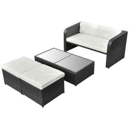 4-delige Loungeset met kussens poly rattan zwart