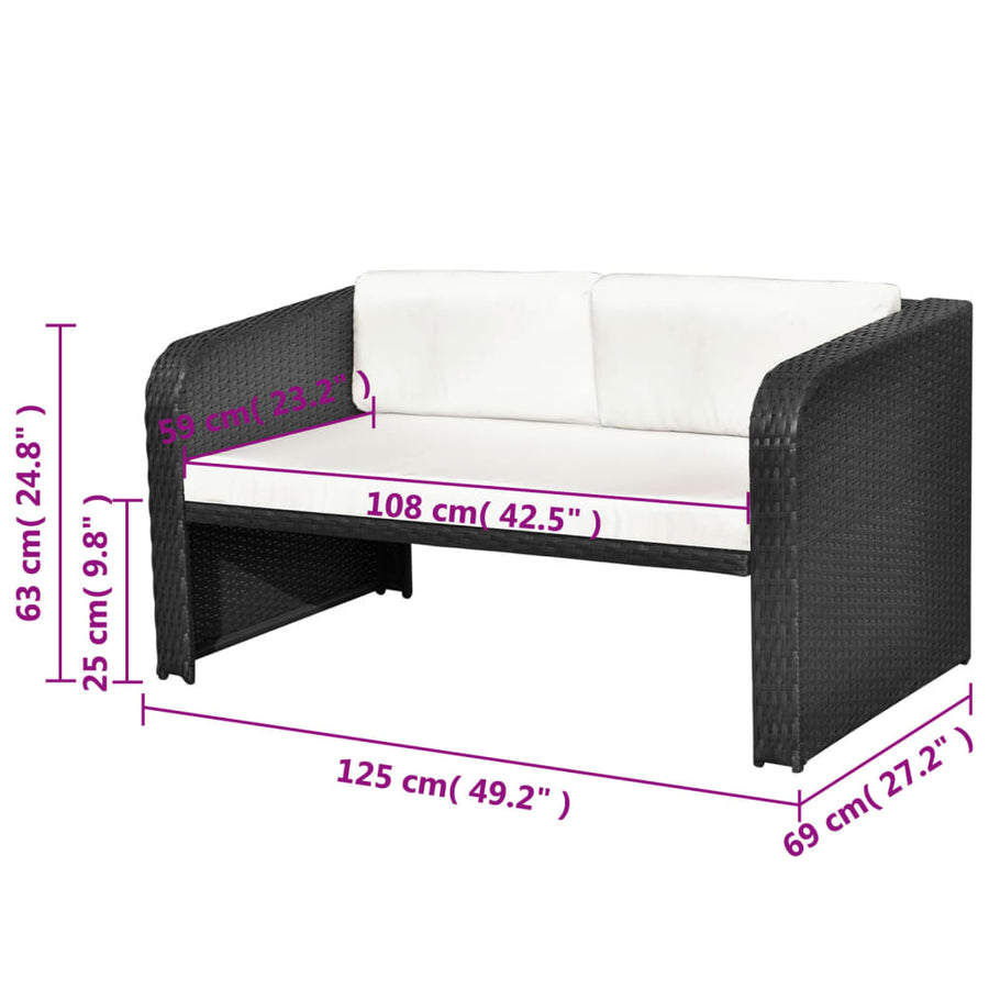 4-delige Loungeset met kussens poly rattan zwart