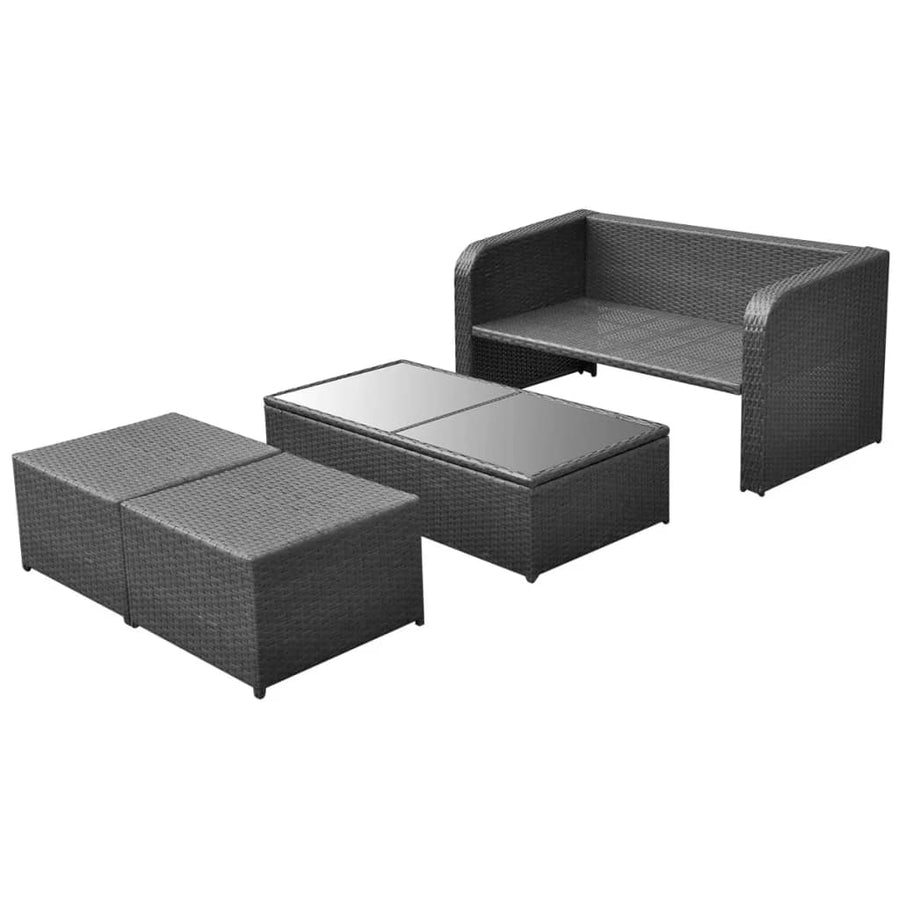 4-delige Loungeset met kussens poly rattan zwart