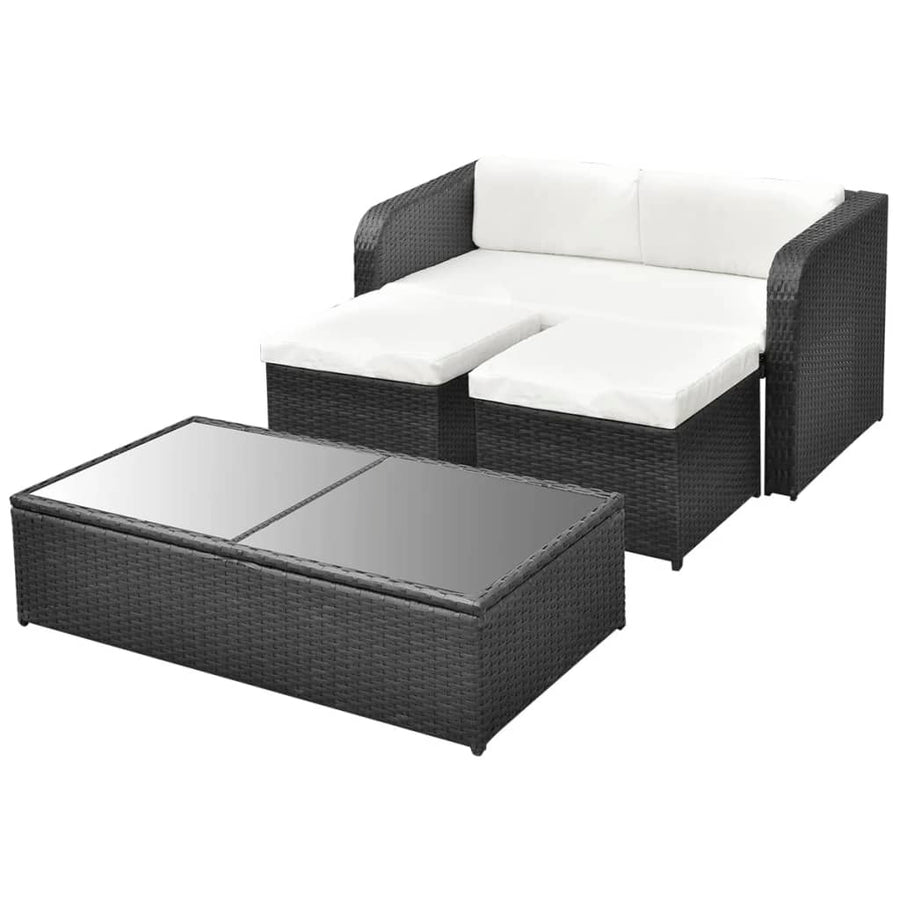 4-delige Loungeset met kussens poly rattan zwart