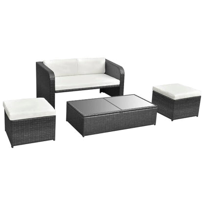 4-delige Loungeset met kussens poly rattan zwart