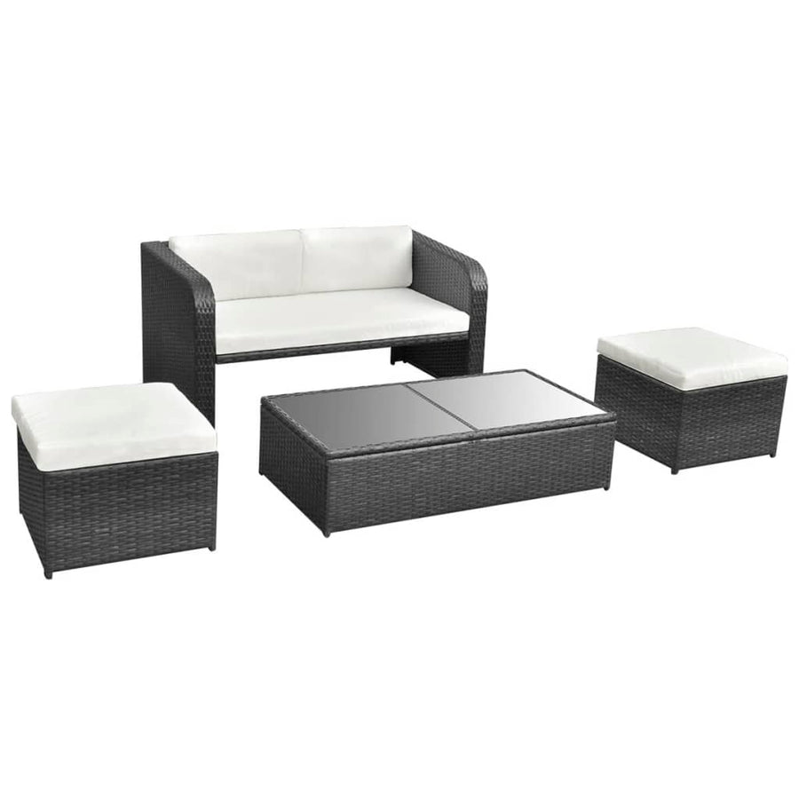 4-delige Loungeset met kussens poly rattan zwart