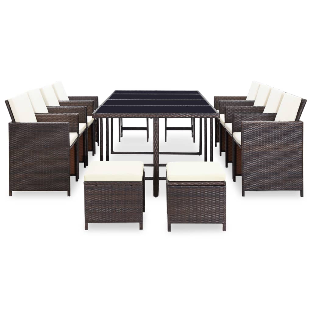 13-Delige Tuinset Met Kussens Poly Rattan Bruin 225 cm tafellengte 8x Fauteuil + 4x voetensteun + Tafel