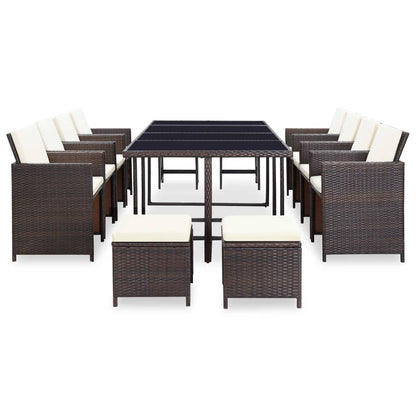 13-Delige Tuinset Met Kussens Poly Rattan Bruin 225 cm tafellengte 8x Fauteuil + 4x voetensteun + Tafel