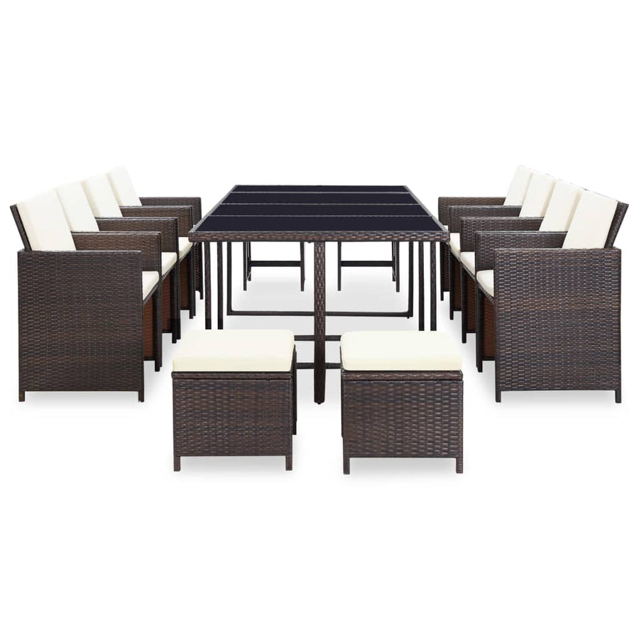 13-Delige Tuinset Met Kussens Poly Rattan Bruin 225 cm tafellengte 8x Fauteuil + 4x voetensteun + Tafel
