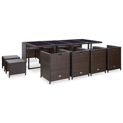 13-Delige Tuinset Met Kussens Poly Rattan Bruin 225 cm tafellengte 8x Fauteuil + 4x voetensteun + Tafel