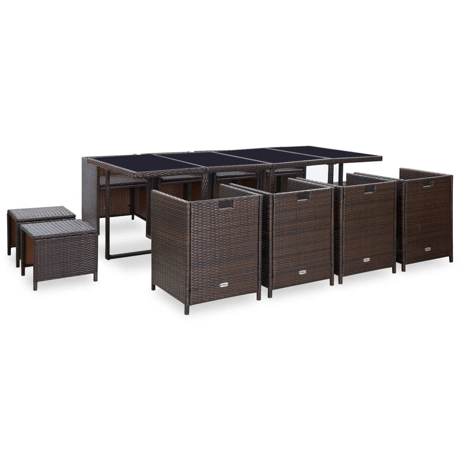 13-Delige Tuinset Met Kussens Poly Rattan Bruin 225 cm tafellengte 8x Fauteuil + 4x voetensteun + Tafel