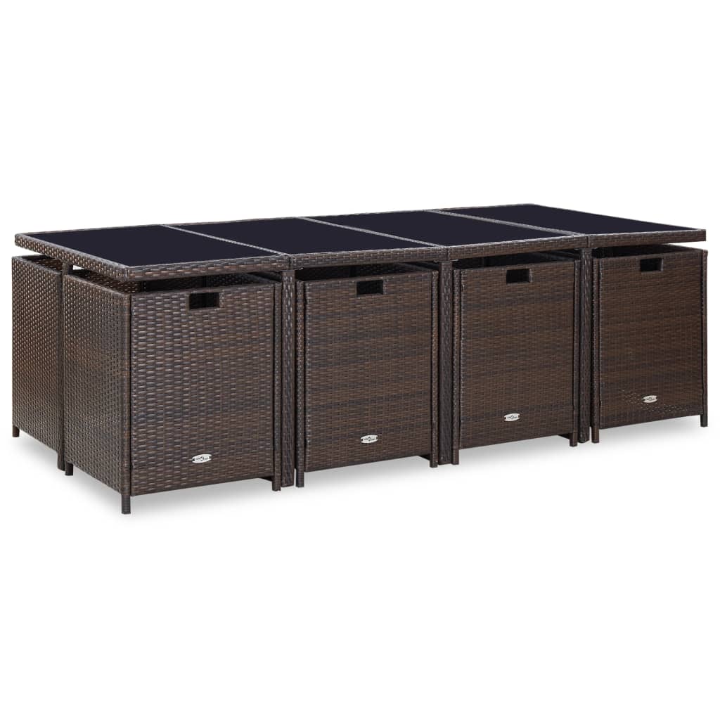 13-Delige Tuinset Met Kussens Poly Rattan Bruin 225 cm tafellengte 8x Fauteuil + 4x voetensteun + Tafel