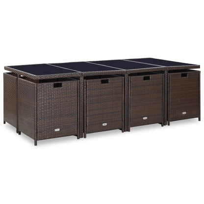 13-Delige Tuinset Met Kussens Poly Rattan Bruin 225 cm tafellengte 8x Fauteuil + 4x voetensteun + Tafel