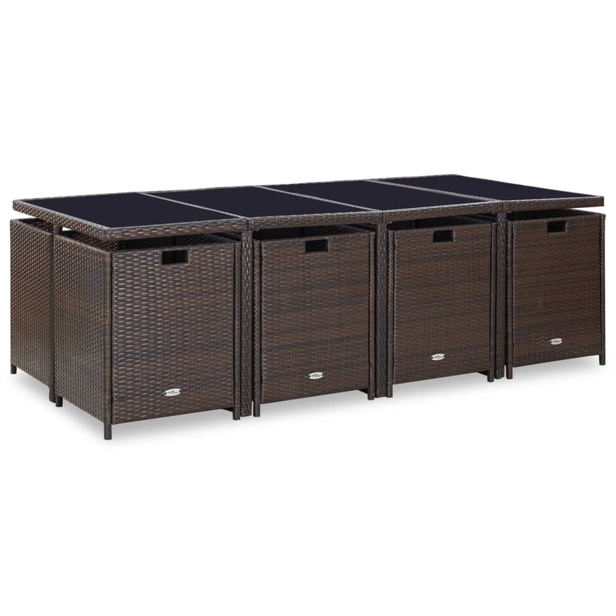13-Delige Tuinset Met Kussens Poly Rattan Bruin 225 cm tafellengte 8x Fauteuil + 4x voetensteun + Tafel