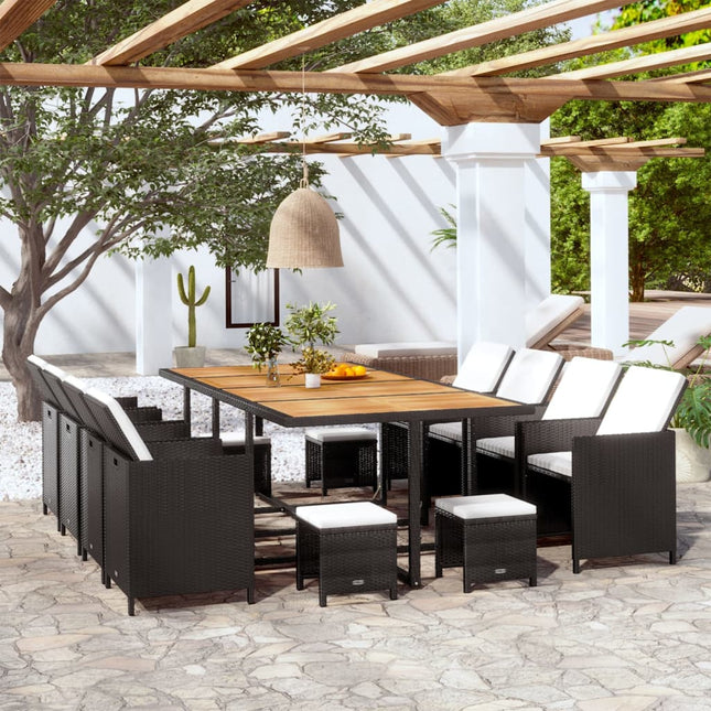 3-Delige Tuinset Poly Rattan En Acaciahout Zwart En Bruin 225 cm tafellengte 8x Fauteuil + 4x voetensteun + Tafel