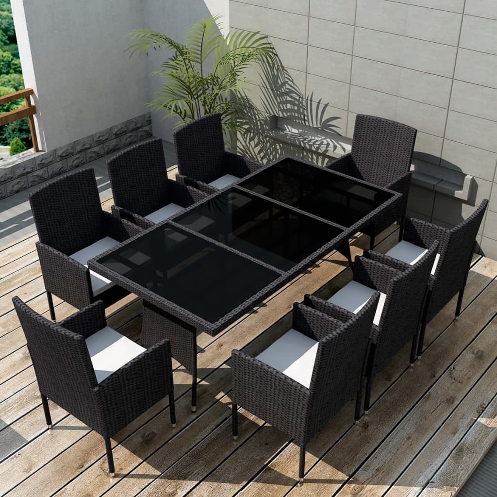 9-delige Tuinset met kussens poly rattan zwart