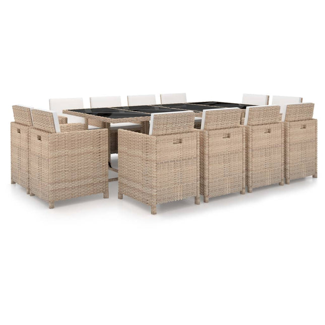 3-Delige Tuinset Met Kussens Poly Rattan Beige 225 cm tafellengte 12x Fauteuil + Tafel