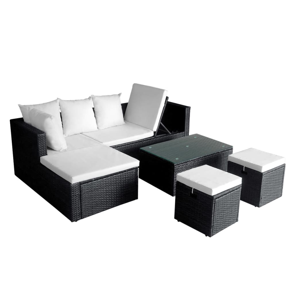 -Delige Loungeset Met Kussens Poly Rattan Zwart en wit