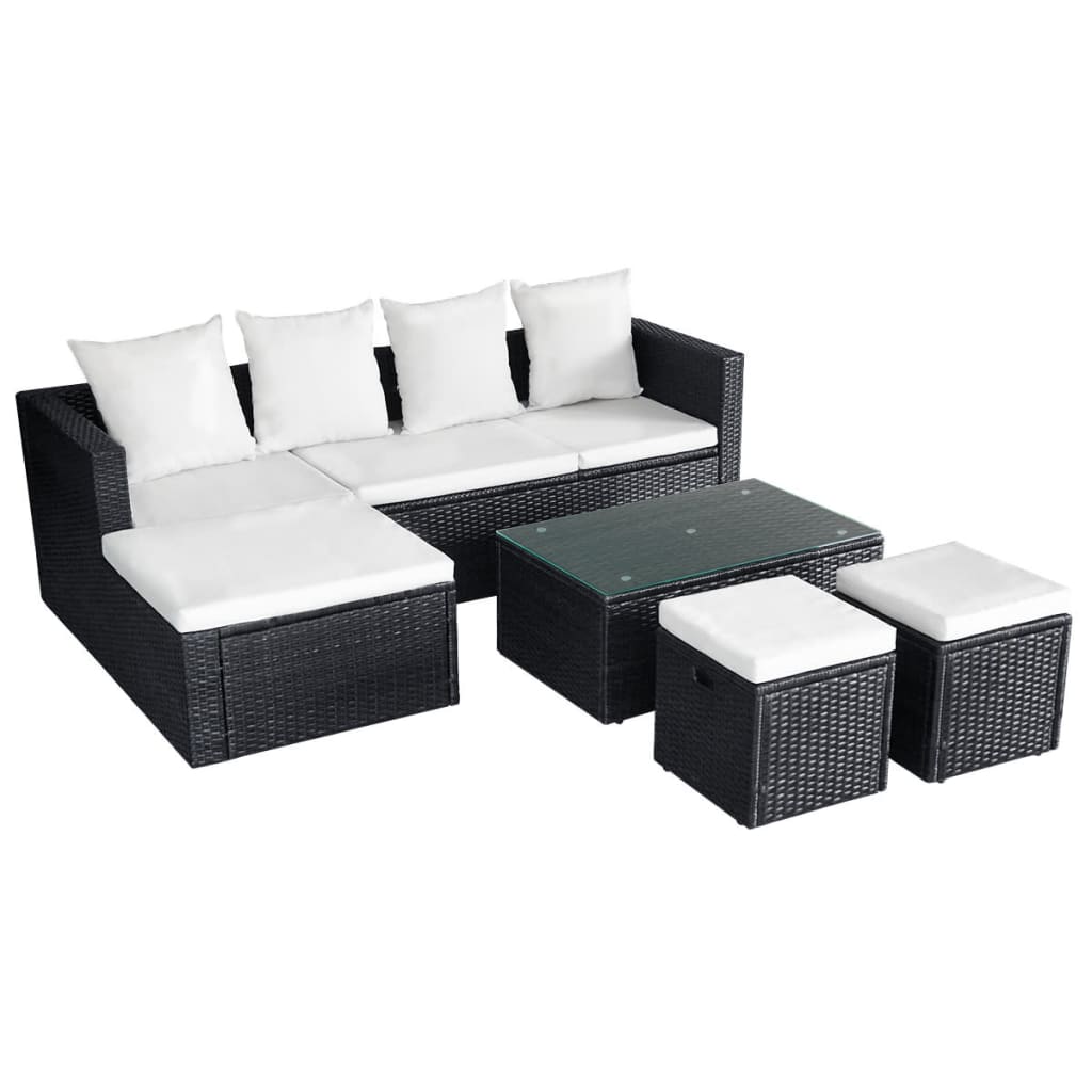 -Delige Loungeset Met Kussens Poly Rattan Zwart en wit