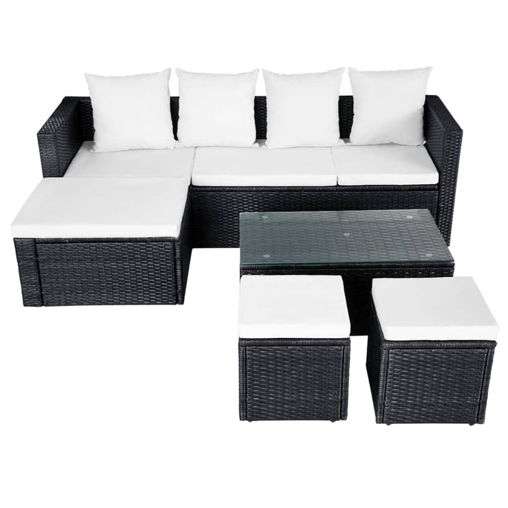 -Delige Loungeset Met Kussens Poly Rattan Zwart en wit