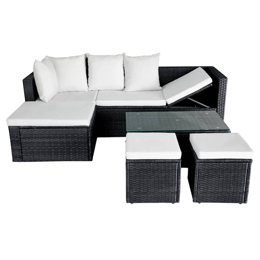 -Delige Loungeset Met Kussens Poly Rattan Zwart en wit