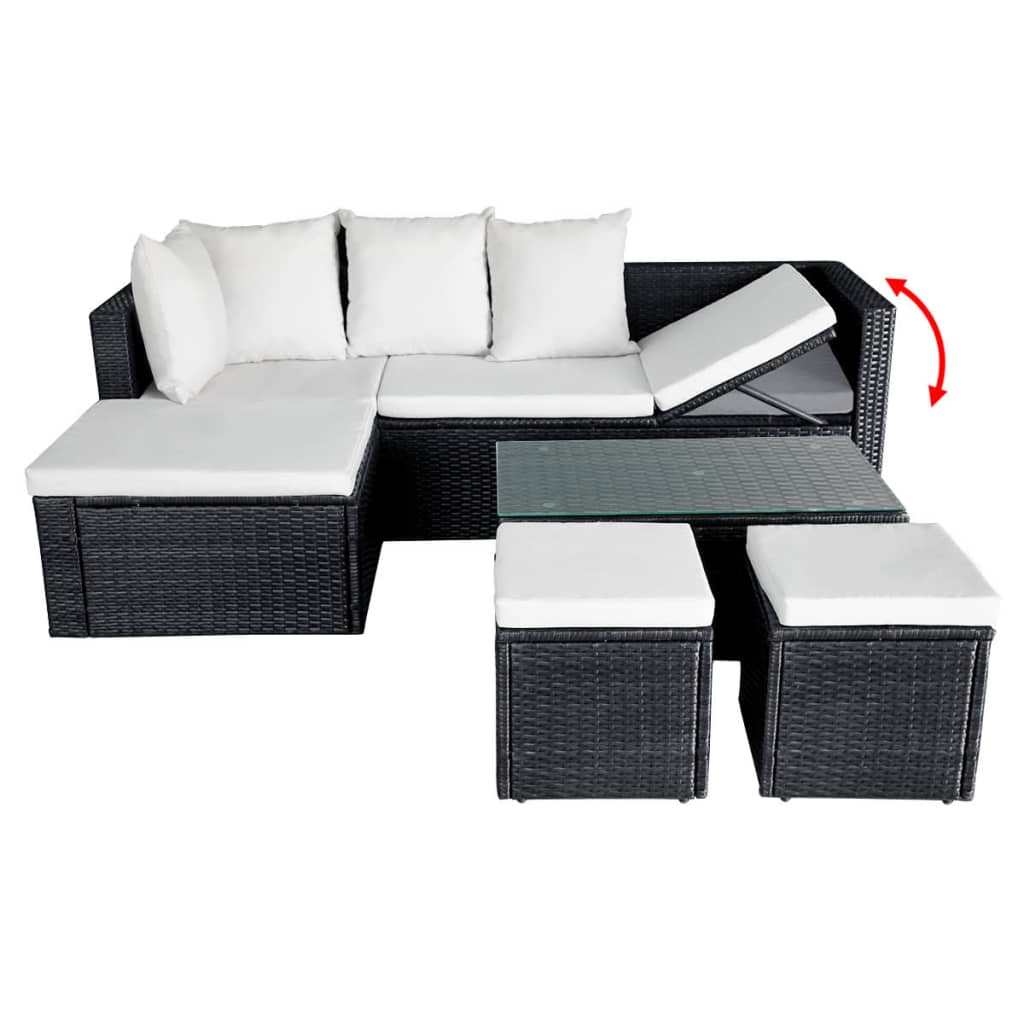-Delige Loungeset Met Kussens Poly Rattan Zwart en wit