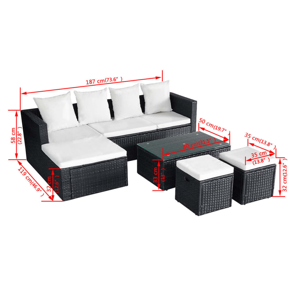 -Delige Loungeset Met Kussens Poly Rattan Zwart en wit