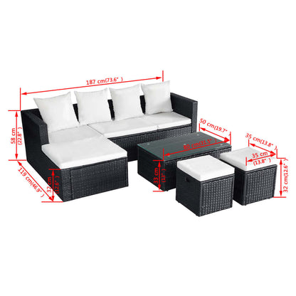 -Delige Loungeset Met Kussens Poly Rattan Zwart en wit