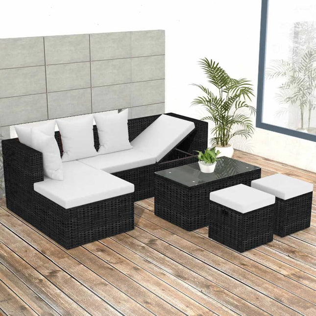 -Delige Loungeset Met Kussens Poly Rattan Zwart en wit