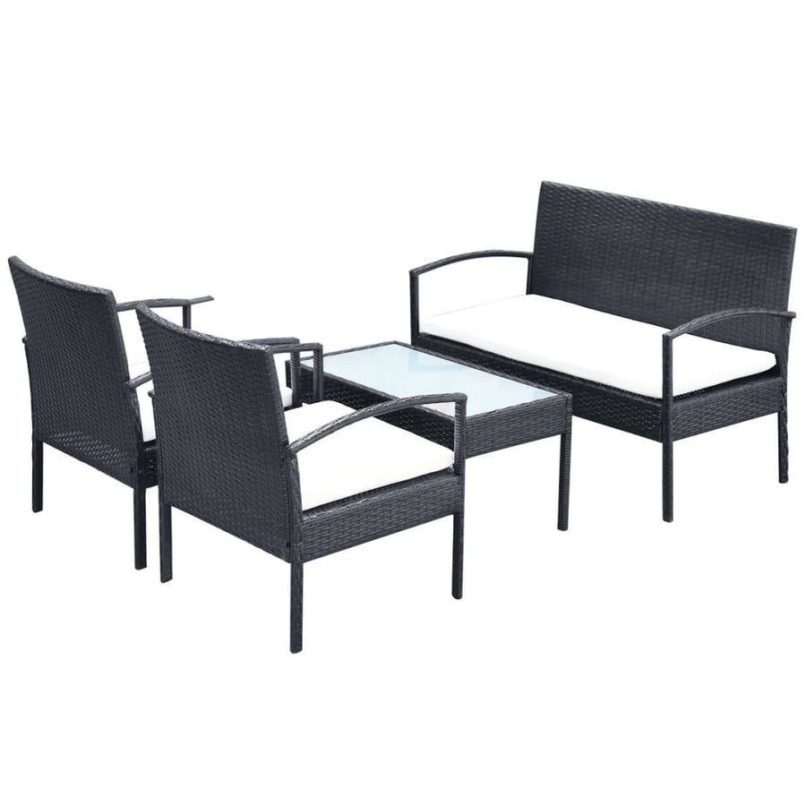 4-delige Loungeset met kussens poly rattan zwart