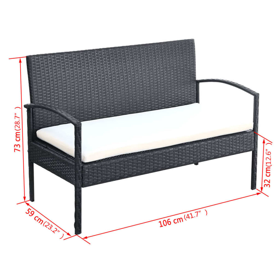 4-delige Loungeset met kussens poly rattan zwart