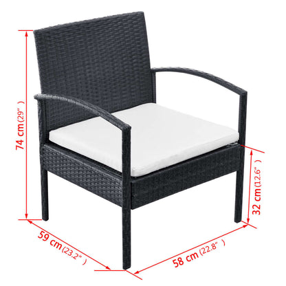 4-delige Loungeset met kussens poly rattan zwart