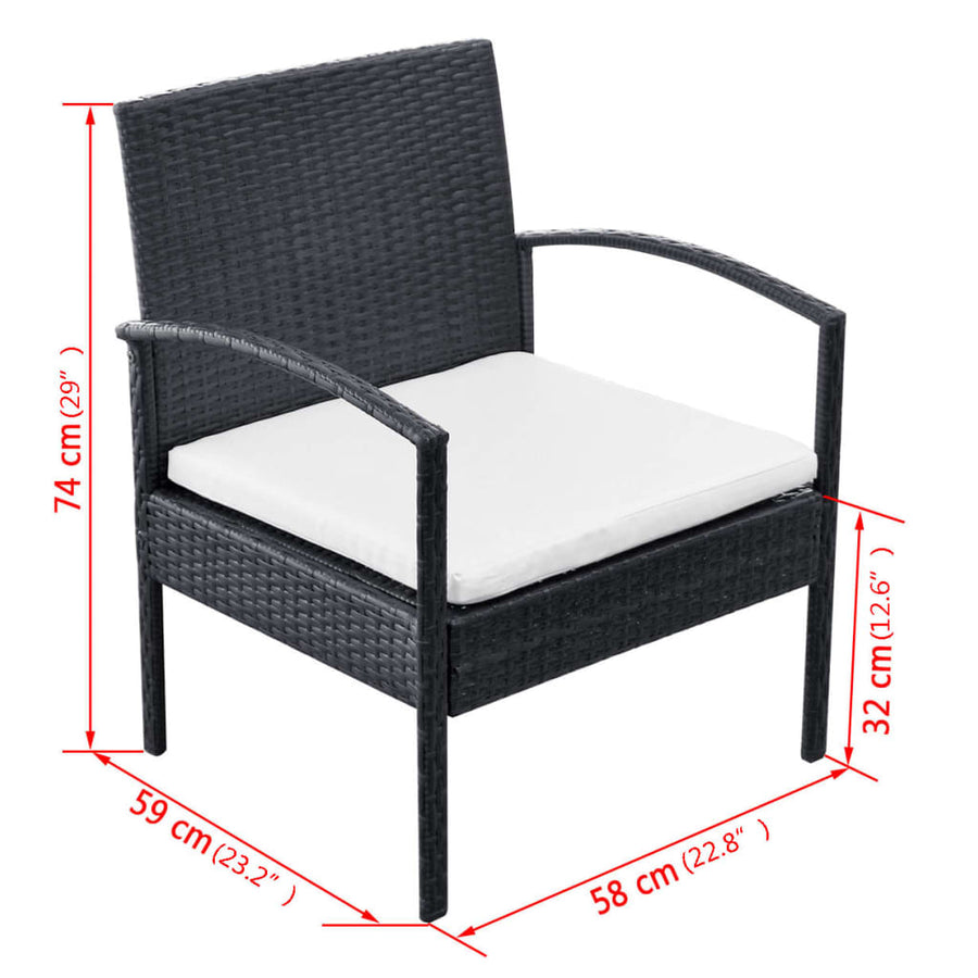 4-delige Loungeset met kussens poly rattan zwart