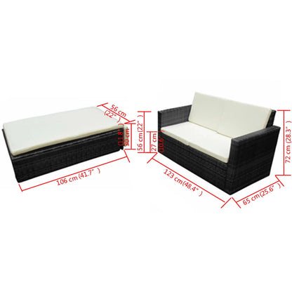 -Delige Loungeset Met Kussens Poly Rattan Zwart en wit