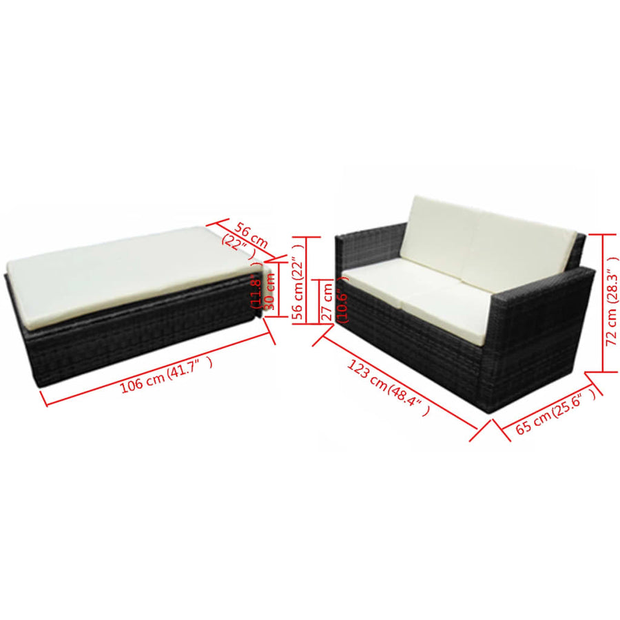 -Delige Loungeset Met Kussens Poly Rattan Zwart en wit