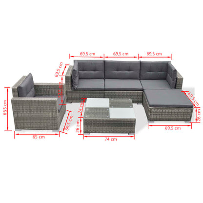6-delige Loungeset met kussens poly rattan grijs