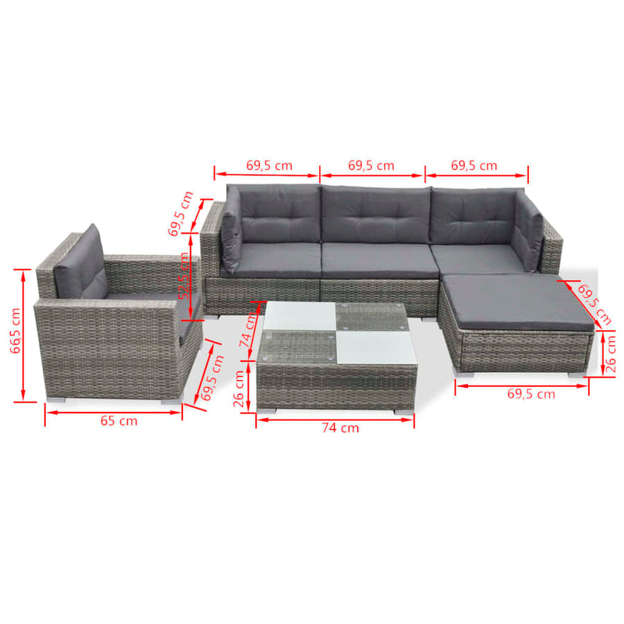 6-delige Loungeset met kussens poly rattan grijs