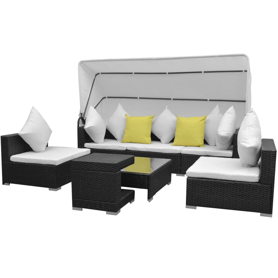 Loungeset Met Luifel Poly Rattan Zwart