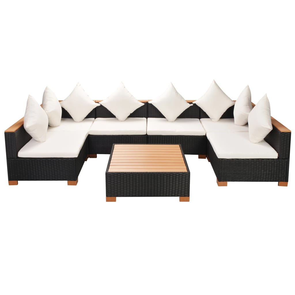 7-Delige Loungeset Met Kussens Poly Rattan Zwart 2x hoek + 4x midden + Tafel