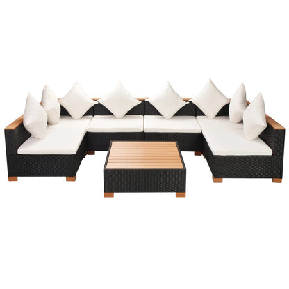 7-Delige Loungeset Met Kussens Poly Rattan Zwart 2x hoek + 4x midden + Tafel