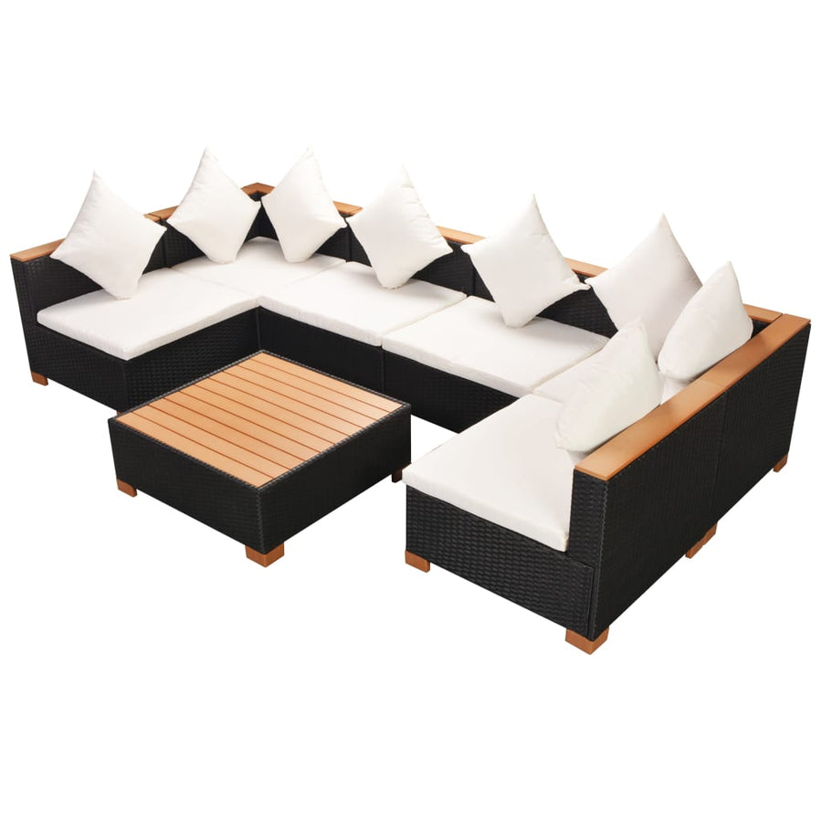 7-Delige Loungeset Met Kussens Poly Rattan Zwart 2x hoek + 4x midden + Tafel