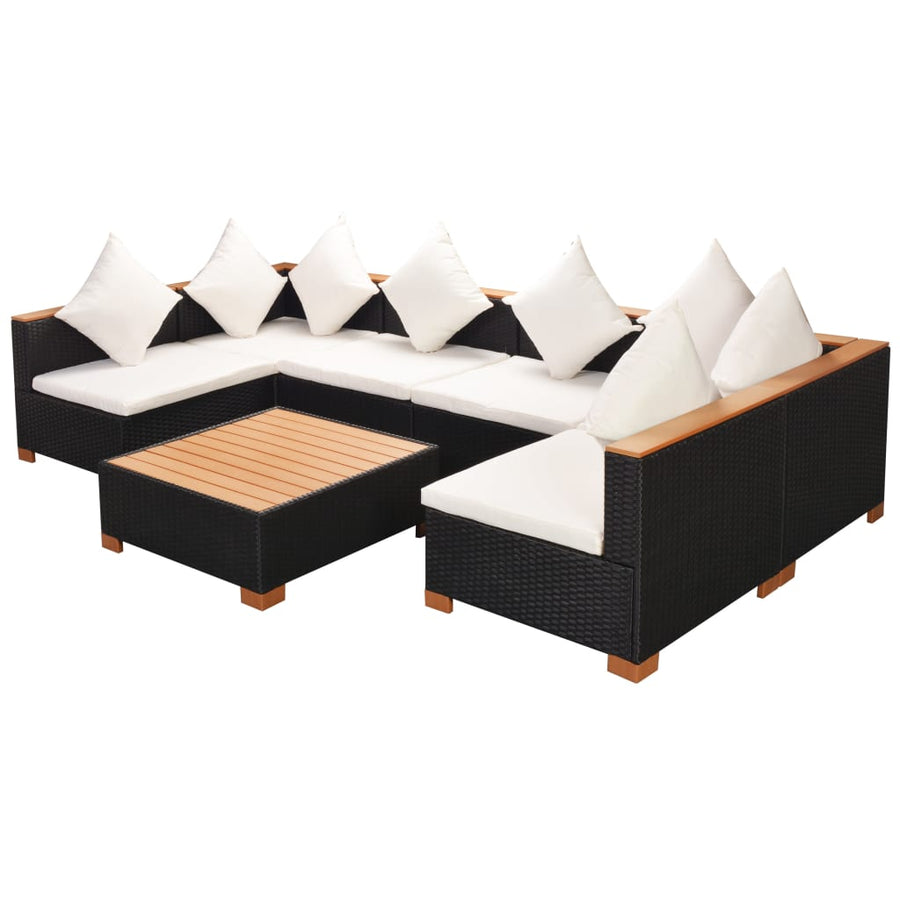 7-Delige Loungeset Met Kussens Poly Rattan Zwart 2x hoek + 4x midden + Tafel