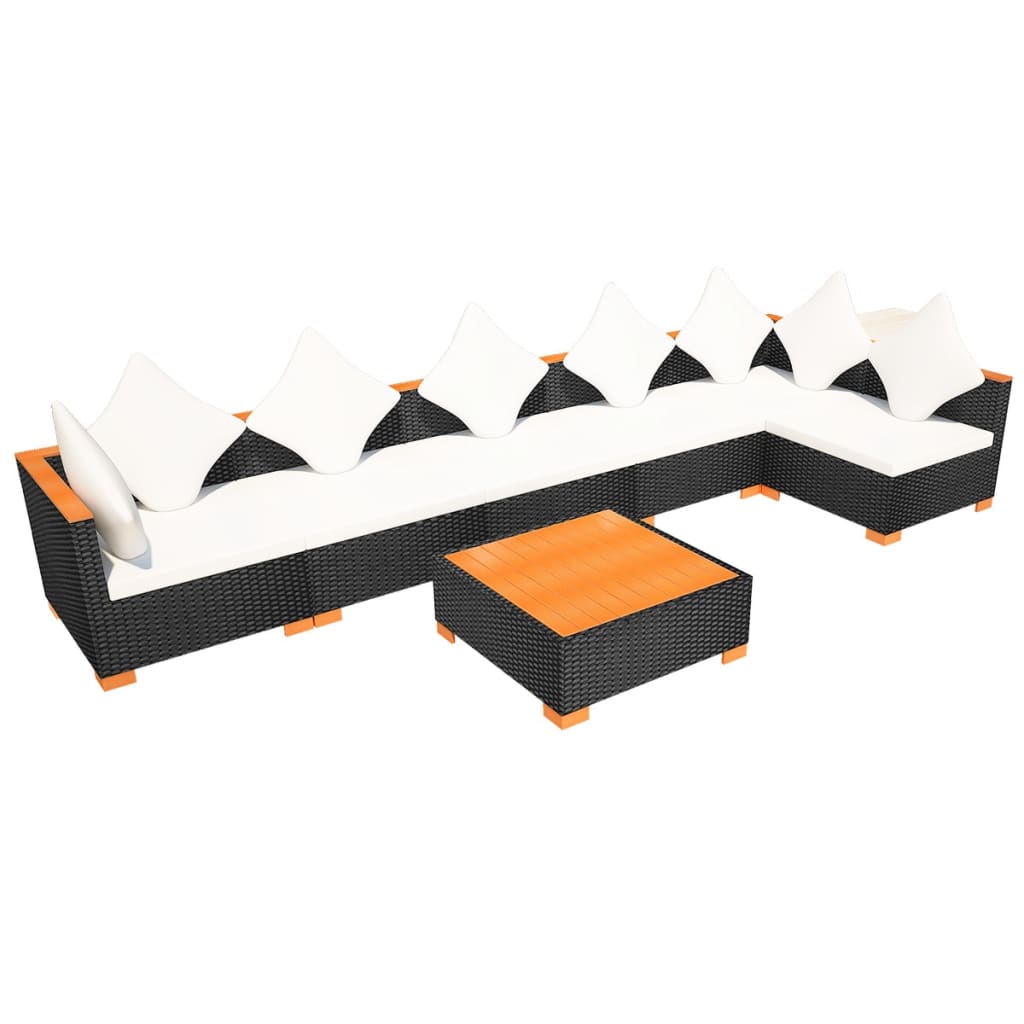 7-Delige Loungeset Met Kussens Poly Rattan Zwart 2x hoek + 4x midden + Tafel