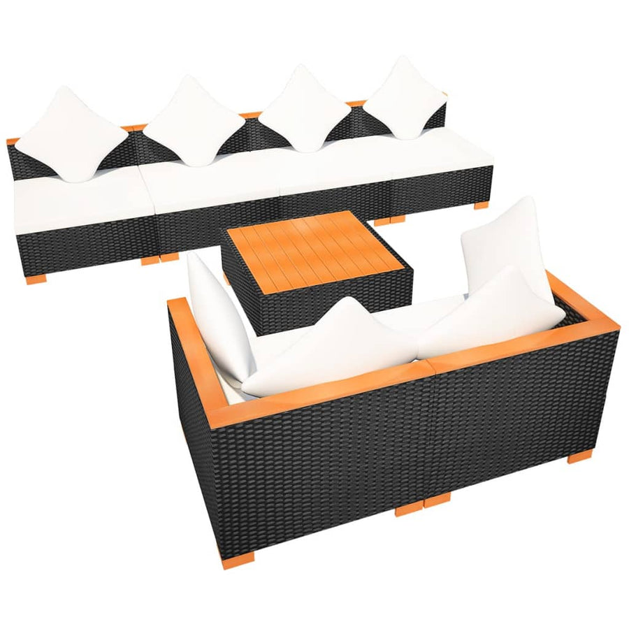 7-Delige Loungeset Met Kussens Poly Rattan Zwart 2x hoek + 4x midden + Tafel