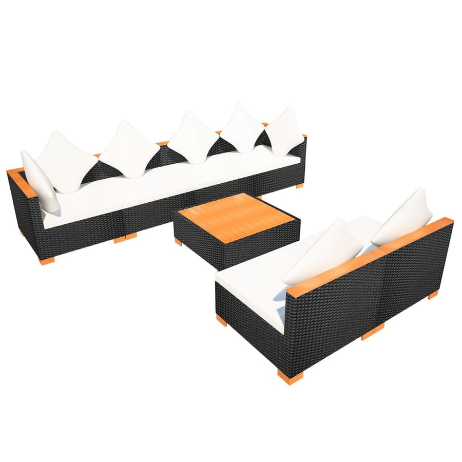 7-Delige Loungeset Met Kussens Poly Rattan Zwart 2x hoek + 4x midden + Tafel