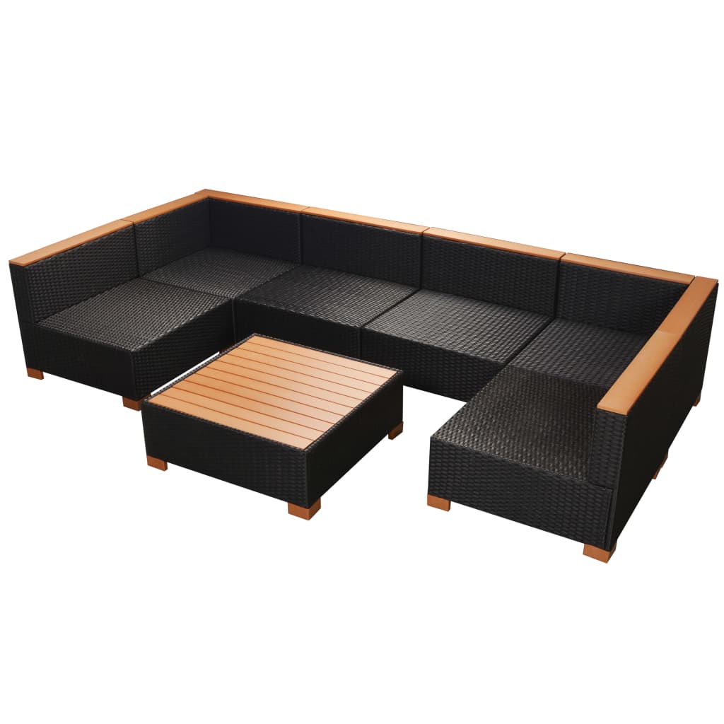 7-Delige Loungeset Met Kussens Poly Rattan Zwart 2x hoek + 4x midden + Tafel