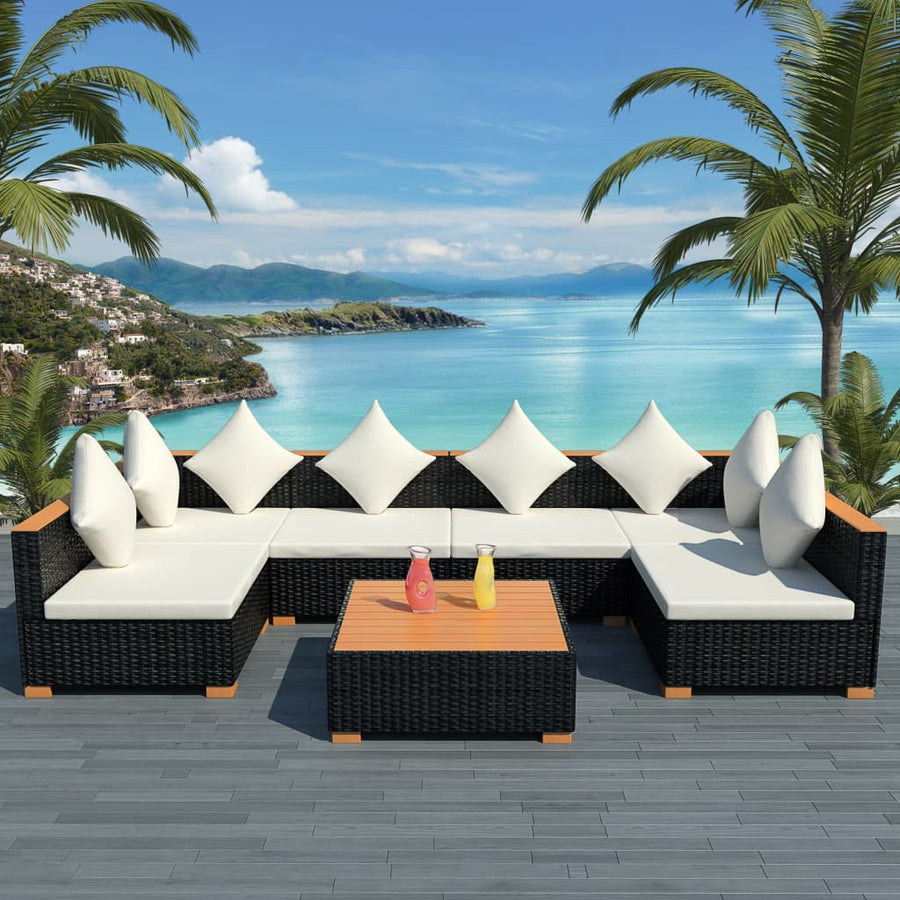 7-Delige Loungeset Met Kussens Poly Rattan Zwart 2x hoek + 4x midden + Tafel