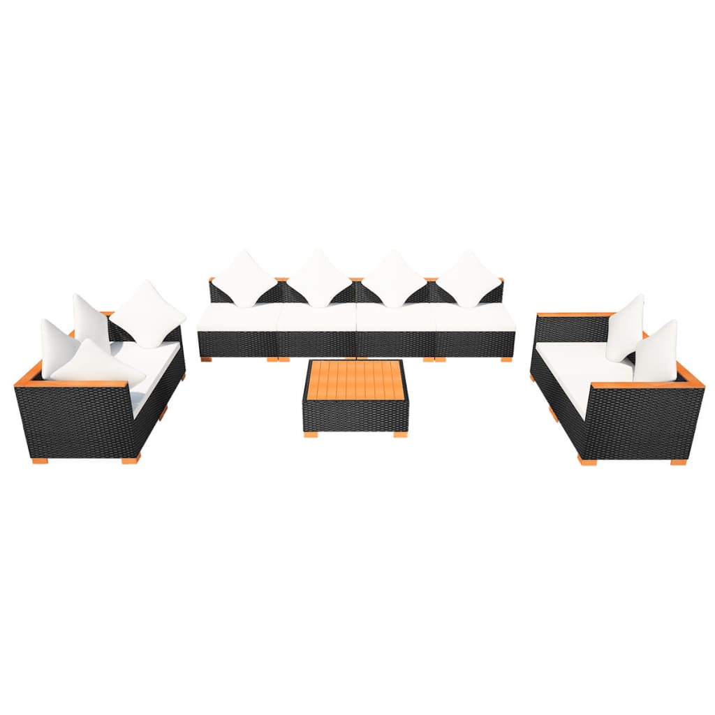 9-delige Loungeset met kussens poly rattan zwart
