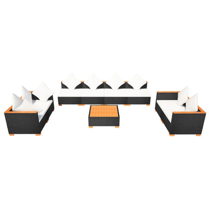 9-delige Loungeset met kussens poly rattan zwart