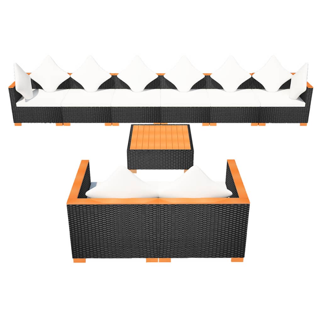 9-delige Loungeset met kussens poly rattan zwart