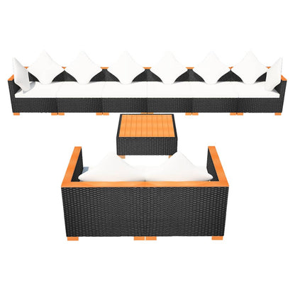 9-delige Loungeset met kussens poly rattan zwart