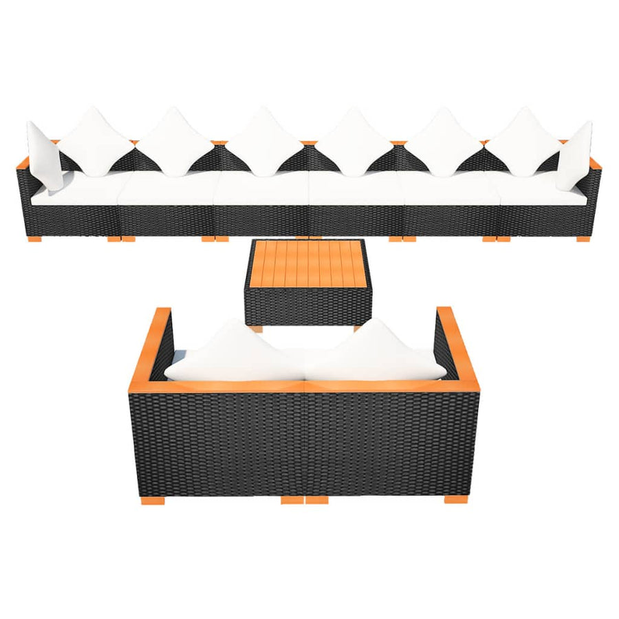 9-delige Loungeset met kussens poly rattan zwart