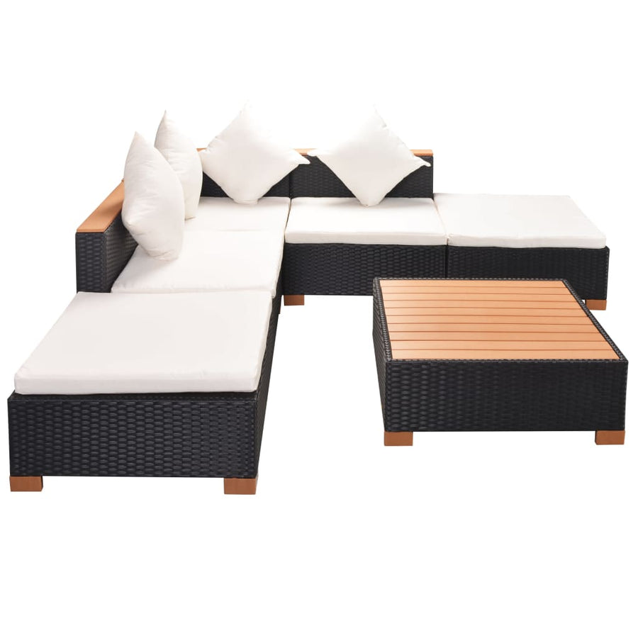 6-Delige Loungeset Met Kussens Poly Rattan Zwart hoek + 2x midden + 2x voetensteun + Tafel