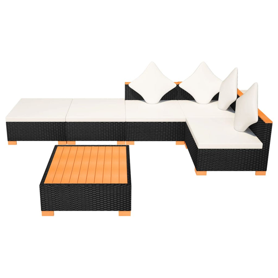 6-Delige Loungeset Met Kussens Poly Rattan Zwart hoek + 2x midden + 2x voetensteun + Tafel